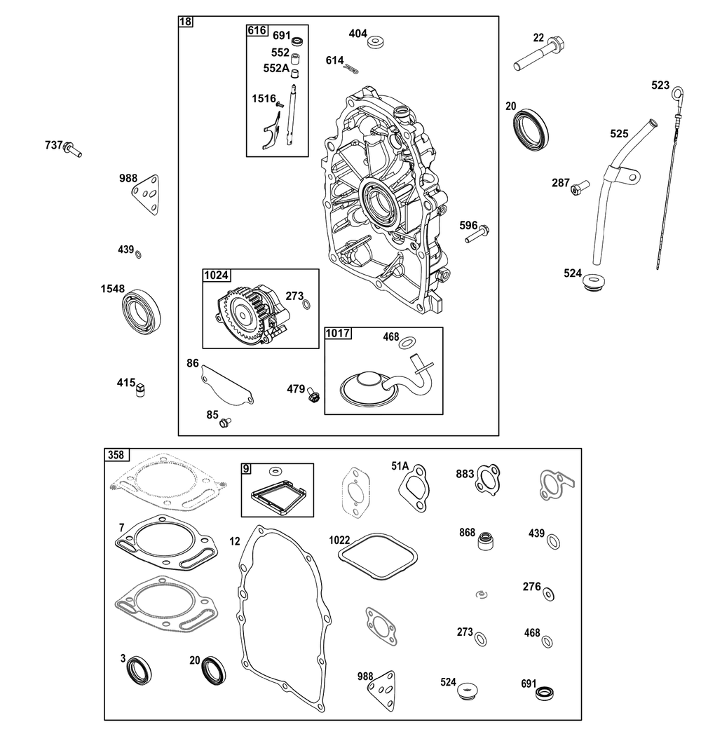 Crankcase Cover/Sump Group Diagram and Parts List for 305446-3197-B5  Briggs and Stratton Engine